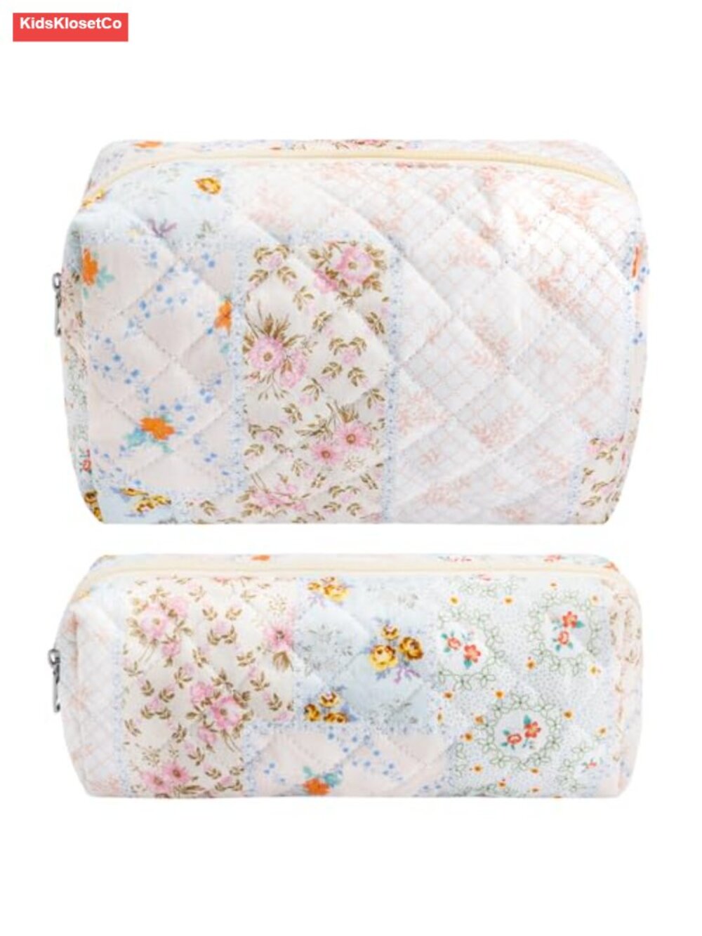 Quilted Cotton Cosmetic Bag Set - 2-Piece Floral Makeup Pouch Small Travel